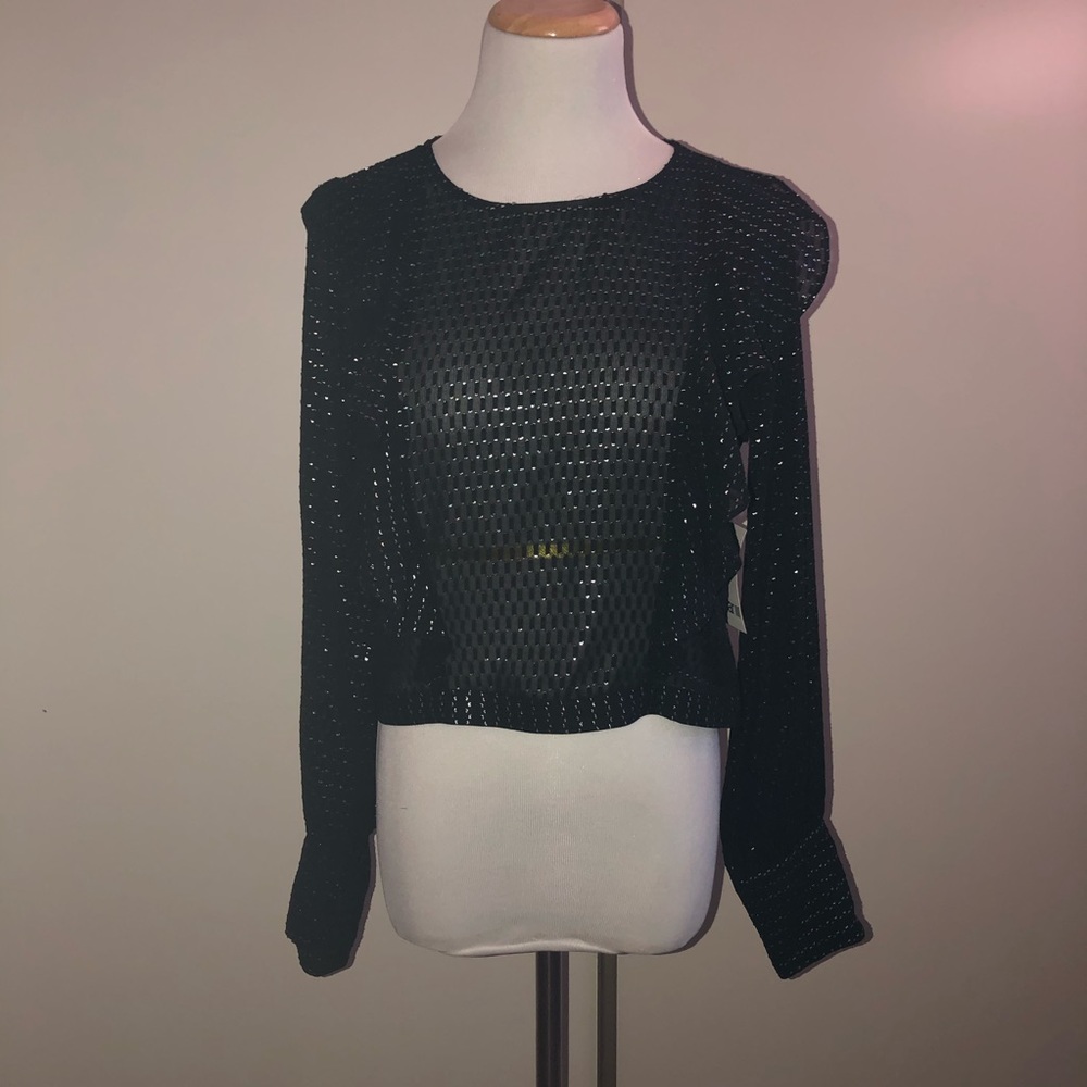 Bar III Black Ruffle Sheer Top NWT